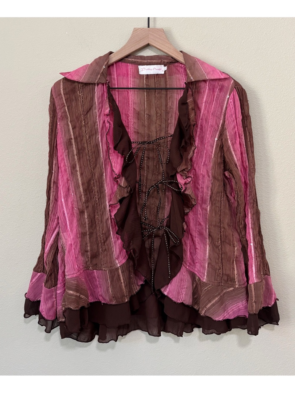 Vintage Y2K Pretty Angel Crinkle Open Blouse Ruffle Fairy Silk Whimsy
